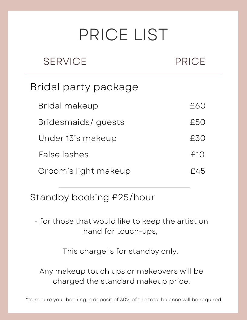 Price list for makeup artistry for GIA makeup